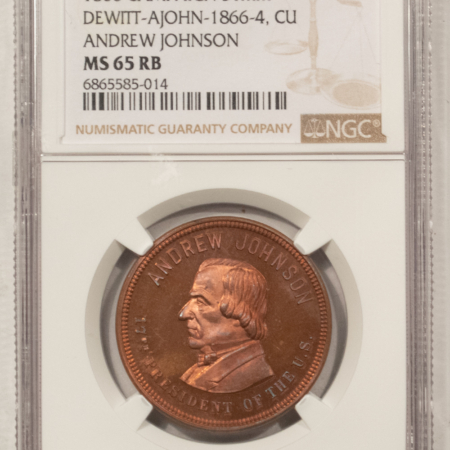 Exonumia RARE 1866 ANDREW JOHNSON 31mm CAMPAIGN MEDAL, DEWITT AJOHN-1866-4, NGC MS-65 RB!