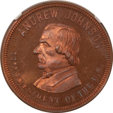 Exonumia RARE 1866 ANDREW JOHNSON 31mm CAMPAIGN MEDAL, DEWITT AJOHN-1866-4, NGC MS-65 RB!