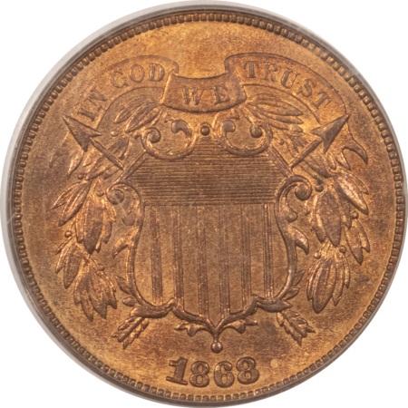 New Certified Coins 1868 TWO CENT PIECE – PCGS MS-65 RD, RED GEM, OLD GREEN HOLDER, FRESH & RARE!