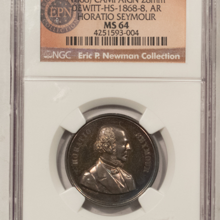 Exonumia 1868 HORATIO SEYMOUR 28mm SILVER CAMPAIGN TOKEN, DEWITT HS-1868-8, NGC MS-64