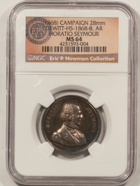 Exonumia 1868 HORATIO SEYMOUR 28mm SILVER CAMPAIGN TOKEN, DEWITT HS-1868-8, NGC MS-64
