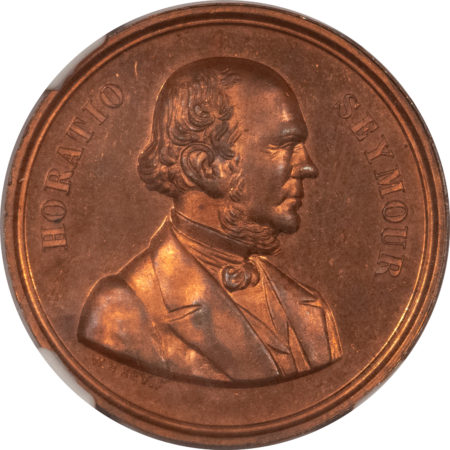 1868 HORATIO SEYMOUR CAMPAIGN TOKEN, COPPER, DEWITT HS-1868-8, NGC MS-65 RD PL!