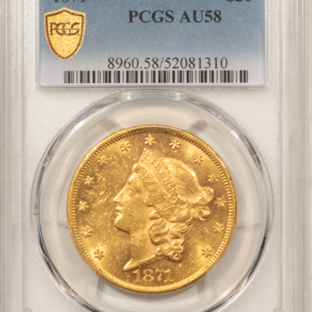 $20 1871 $20 LIBERTY GOLD DOUBLE EAGLE – PCGS AU-58, RARE DATE! PQ, VIRTUALLY UNC!