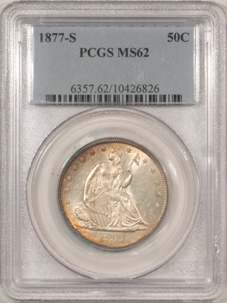 Half Dollars 1877-S SEATED LIBERTY HALF DOLLAR – PCGS MS-62, FRESH & FLASHY!