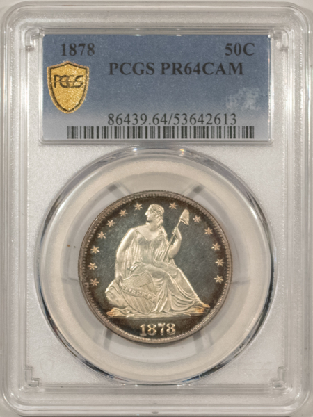 Half Dollars 1878 PROOF SEATED LIBERTY HALF DOLLAR PCGS PR-64 CAM, DRAMATIC CAMEO, BEAUTY!