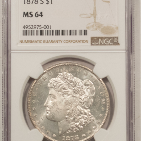 Dollars 1878-S $1 MORGAN DOLLAR – NGC MS-64, WHITE & LUSTROUS!