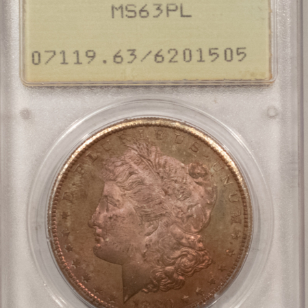 Dollars 1880-S $1 MORGAN DOLLAR PCGS MS-63 PL, RATTLER HOLDER, UNUSUAL TONING, PROOFLIKE