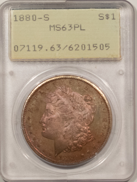 Dollars 1880-S $1 MORGAN DOLLAR PCGS MS-63 PL, RATTLER HOLDER, UNUSUAL TONING, PROOFLIKE