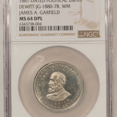 New Store Items 1881 JAMESGARFIELD POLITICAL TOKEN, DEWITT JG-1880-7B, WHITE METAL-NGC MS-64 DPL