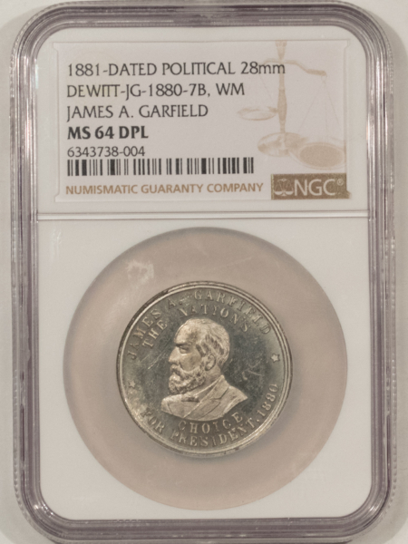 Exonumia 1881 JAMESGARFIELD POLITICAL TOKEN, DEWITT JG-1880-7B, WHITE METAL-NGC MS-64 DPL