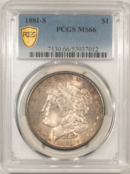 Dollars 1881-S $1 MORGAN DOLLAR – PCGS MS-66, PRETTY ORIGINAL LUSTROUS GEM+