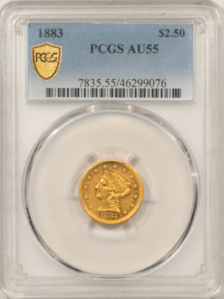 $2.50 1883 $2.50 LIBERTY GOLD QUARTER EAGLE – PCGS AU-55 VERY RARE DATE, MINTAGE 1910!