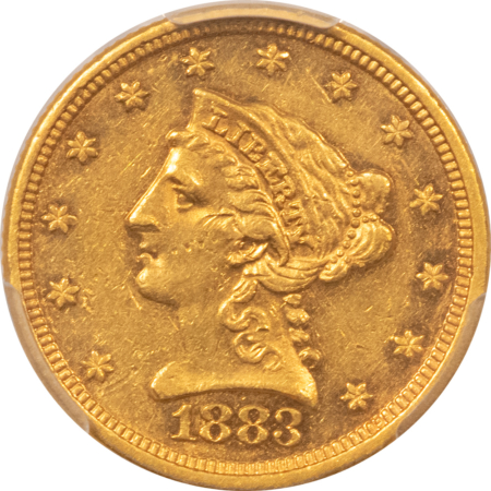 $2.50 1883 $2.50 LIBERTY GOLD QUARTER EAGLE – PCGS AU-55 VERY RARE DATE, MINTAGE 1910!