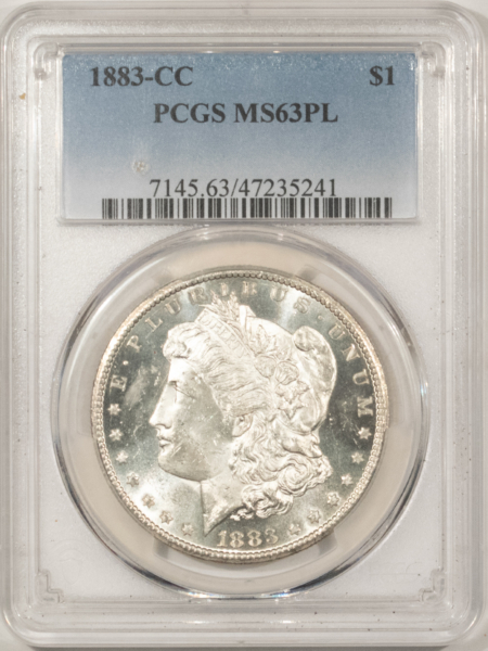Dollars 1883-CC $1 MORGAN DOLLAR – PCGS MS-63 PL, FROSTED! SUPER FLASHY, CARSON CITY!