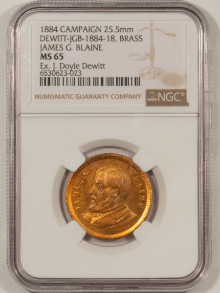 Exonumia 1884 JAMES BLAINE CAMPAIGN TOKEN, DEWITT JGB-1884-18, BRASS, EX-DEWITT-NGC MS-65