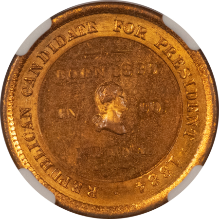 Exonumia 1884 JAMES BLAINE CAMPAIGN TOKEN, DEWITT JGB-1884-18, BRASS, EX-DEWITT-NGC MS-65