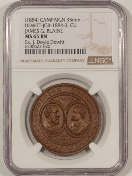 Exonumia 1884 BLAINE-LOGAN 35mm CAMPAIGN TOKEN, DEWITT JGB-1884-3, COPPER, NGC MS-65 BN!