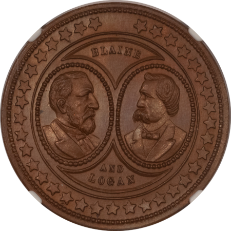Exonumia 1884 BLAINE-LOGAN 35mm CAMPAIGN TOKEN, DEWITT JGB-1884-3, COPPER, NGC MS-65 BN!