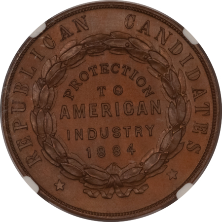 Exonumia 1884 BLAINE-LOGAN 35mm CAMPAIGN TOKEN, DEWITT JGB-1884-3, COPPER, NGC MS-65 BN!