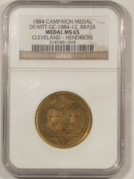 Exonumia 1884 CLEVELAND-HENDRICKS JUGATE CAMPAIGN MEDAL, DEWITT GC-1884-12, NGC MS-65!