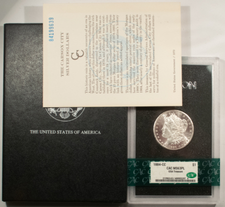 Dollars 1884-CC $1 MORGAN DOLLAR GSA TREASURE – CACG MS-63 PL, PROOFLIKE! CAC! BOX/CARD!