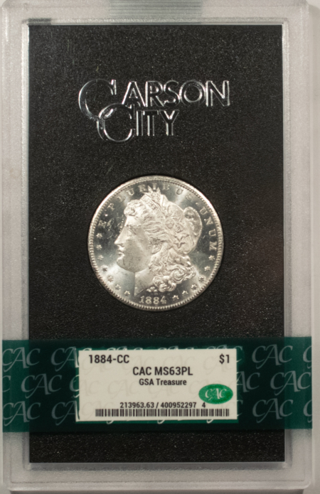 Dollars 1884-CC $1 MORGAN DOLLAR GSA TREASURE – CACG MS-63 PL, PROOFLIKE! CAC! BOX/CARD!