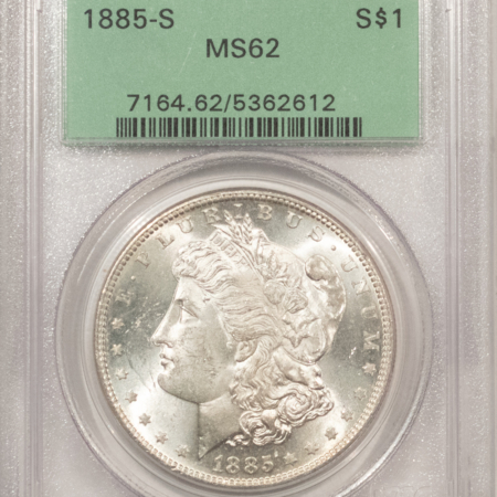 Dollars 1885-S $1 MORGAN DOLLAR – PCGS MS-62, OLD GREEN HOLDER, BLAZER! PREMIUM QUALITY!
