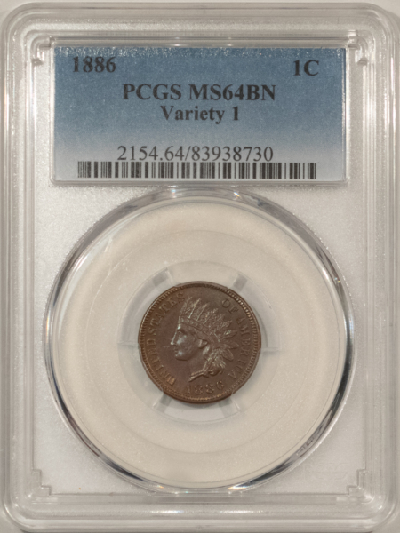 Indian 1886 INDIAN CENT, VARIETY 1 – PCGS MS-64 BN, PRETTY!