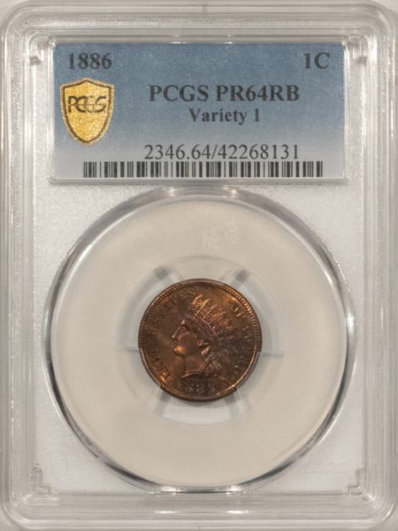Indian 1886 PROOF INDIAN CENT, VARIETY 1 – PCGS PR-64 RB, UNUSUAL TONING, VERY PRETTY!