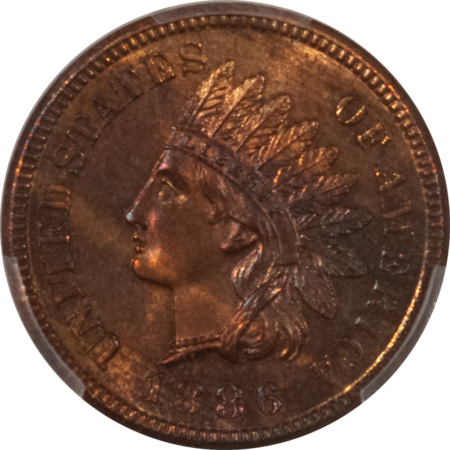 Indian 1886 PROOF INDIAN CENT, VARIETY 1 – PCGS PR-64 RB, UNUSUAL TONING, VERY PRETTY!