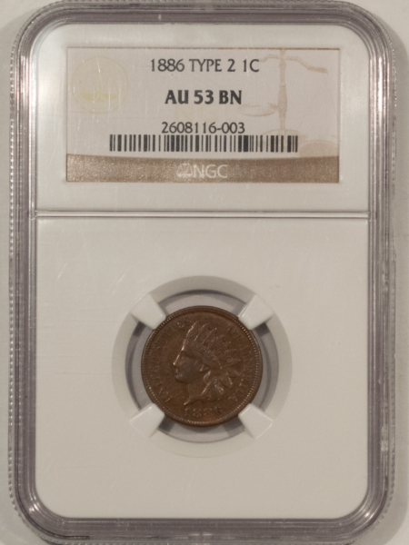 Indian 1886 INDIAN CENT, TYPE 2 – NGC AU-53 BN