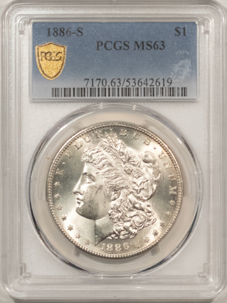 Dollars 1886-S $1 MORGAN DOLLAR – PCGS MS-63, BLAST WHITE!