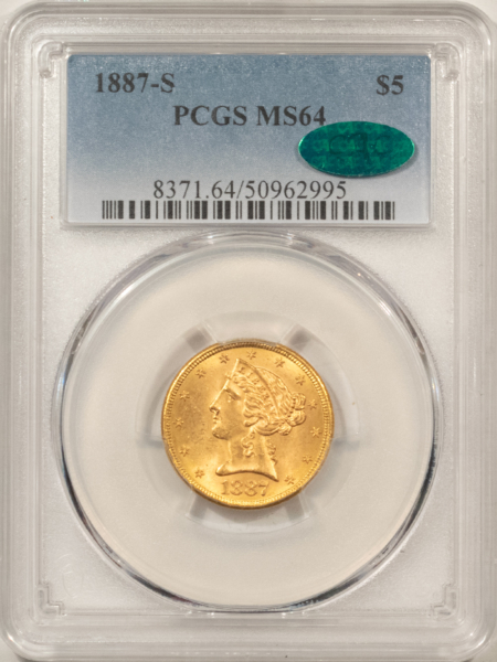 $5 1887-S $5 LIBERTY GOLD HALF EAGLE – PCGS MS-64, LUSTROUS & PREMIUM QUALITY! CAC!