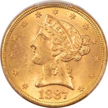 $5 1887-S $5 LIBERTY GOLD HALF EAGLE – PCGS MS-64, LUSTROUS & PREMIUM QUALITY! CAC!