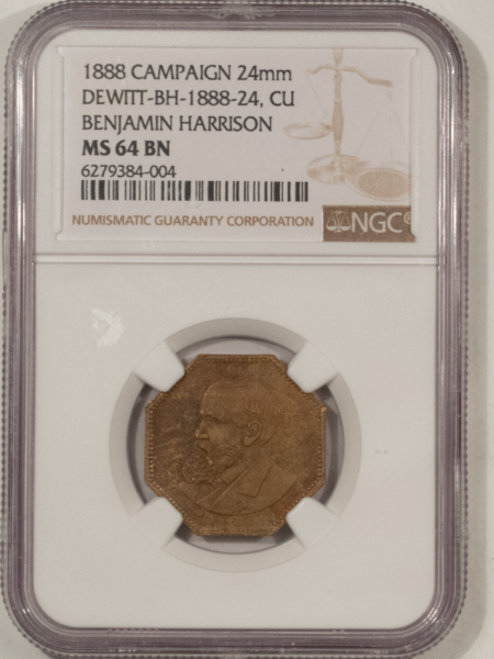 Exonumia 1888 BENJAMIN HARRISON OCTAGONAL CAMPAIGN TOKEN, DEWITT BH-1888-24, NGC MS-64BN!