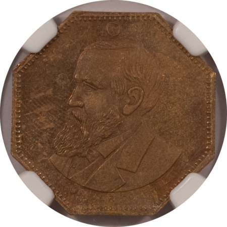 Exonumia 1888 BENJAMIN HARRISON OCTAGONAL CAMPAIGN TOKEN, DEWITT BH-1888-24, NGC MS-64BN!