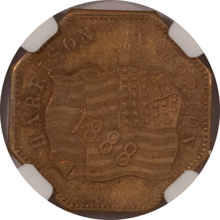 Exonumia 1888 BENJAMIN HARRISON OCTAGONAL CAMPAIGN TOKEN, DEWITT BH-1888-24, NGC MS-64BN!
