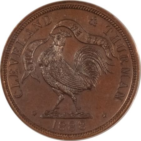 Exonumia 1888 CLEVELAND & THURMAN “STILL WE CROW” JUGATE CAMPAIGN TOKEN, ANACS MS-64 BRN!