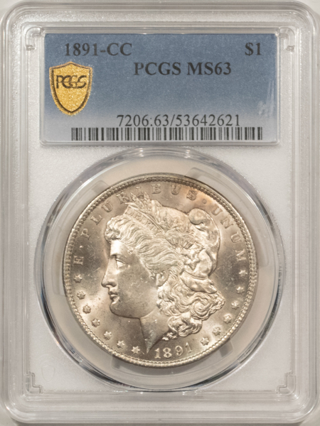 Dollars 1891-CC $1 MORGAN DOLLAR – PCGS MS-63, LUSTROUS & PREMIUM QUALITY! CARSON CITY!