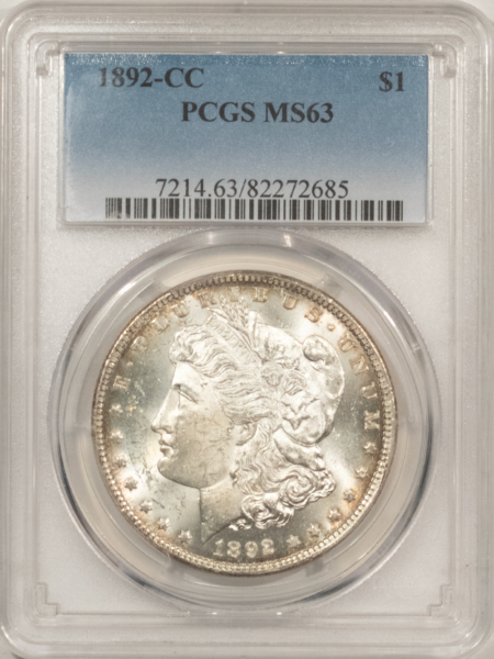 Dollars 1892-CC $1 MORGAN DOLLAR – PCGS MS-63, LUSTROUS WHITE CARSON CITY!
