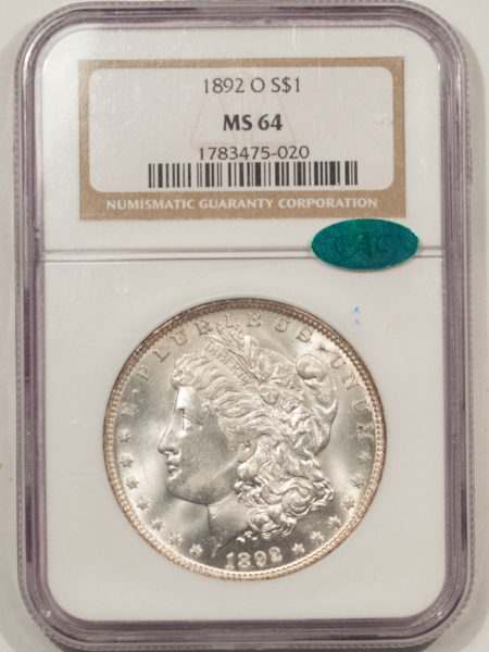 CAC Approved Coins 1892-O $1 MORGAN DOLLAR – NGC MS-64, BLAZING WHITE, PQ & CAC APPROVED!