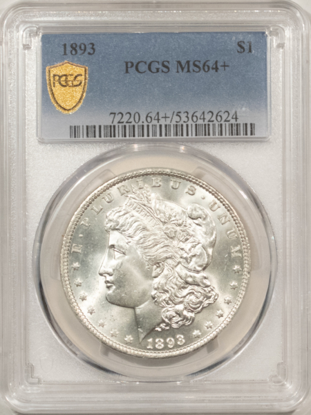 Dollars 1893 $1 MORGAN DOLLAR – PCGS MS-64+, BLAZING WHITE & FULLY STRUCK, TOUGH DATE!