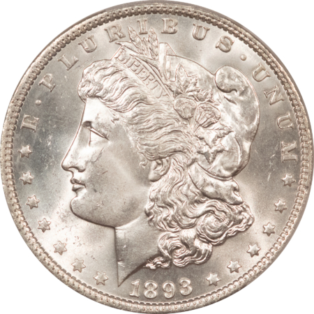 Dollars 1893 $1 MORGAN DOLLAR – PCGS MS-64+, BLAZING WHITE & FULLY STRUCK, TOUGH DATE!