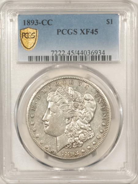 Dollars 1893-CC $1 MORGAN DOLLAR – PCGS XF-45, LUSTER & PREMIUM QUALITY! CARSON CITY!