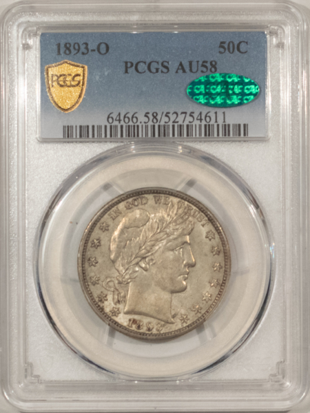 Barber Halves 1893-O BARBER HALF DOLLAR – PCGS AU-58 CAC, PQ ORIGINAL BEAUTY! ONLY 8 CAC!