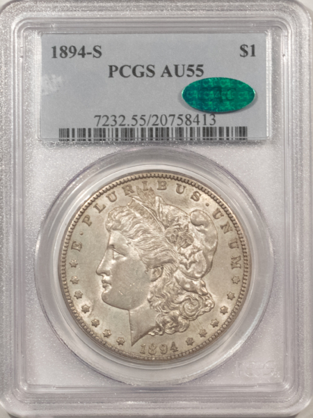Dollars 1894-S $1 MORGAN DOLLAR – PCGS AU-55, FRESH, PREMIUM QUALITY & CAC APPROVED!