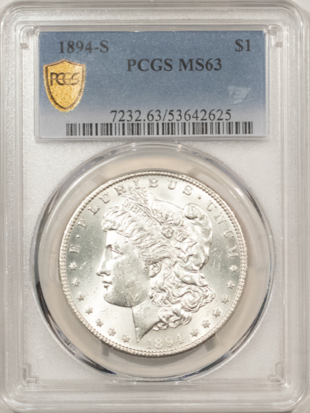 Dollars 1894-S $1 MORGAN DOLLAR – PCGS MS-63, BLAZING WHITE!