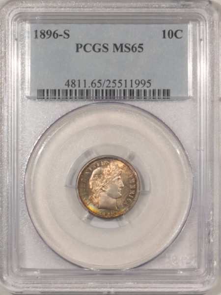 Barber Dimes 1896-S BARBER DIME – PCGS MS-65, VERY PRETTY & RARE!