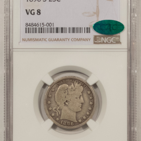 Barber Quarters 1896-S BARBER QUARTER – NGC VG-8 CAC, SUPER ORIGINAL, KEY-DATE!