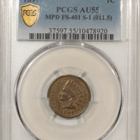 Indian 1897 INDIAN CENT, MPD FS-401 S-1 (011.5) – PCGS AU-55, 1 IN NECK! TOUGH!